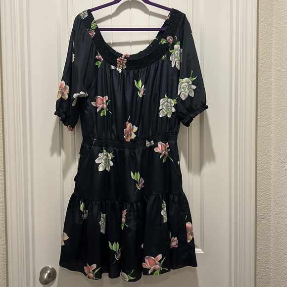 Lil Sz LP floral off the shoulder dress pockets puff sleeve Navy Pink Grey roses - Picture 3 of 8